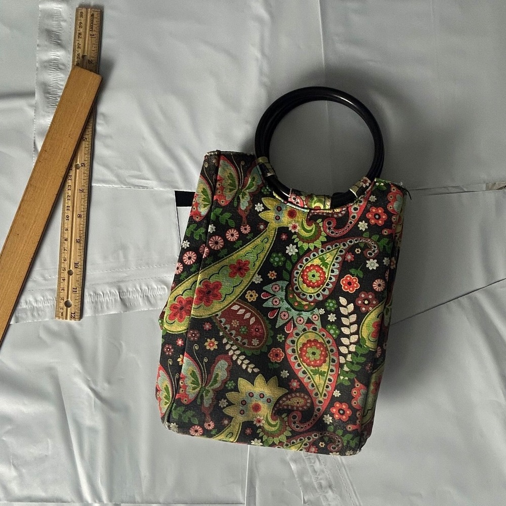 Designer Paisley Print Top Handle Handbag‎ Round Ring Black